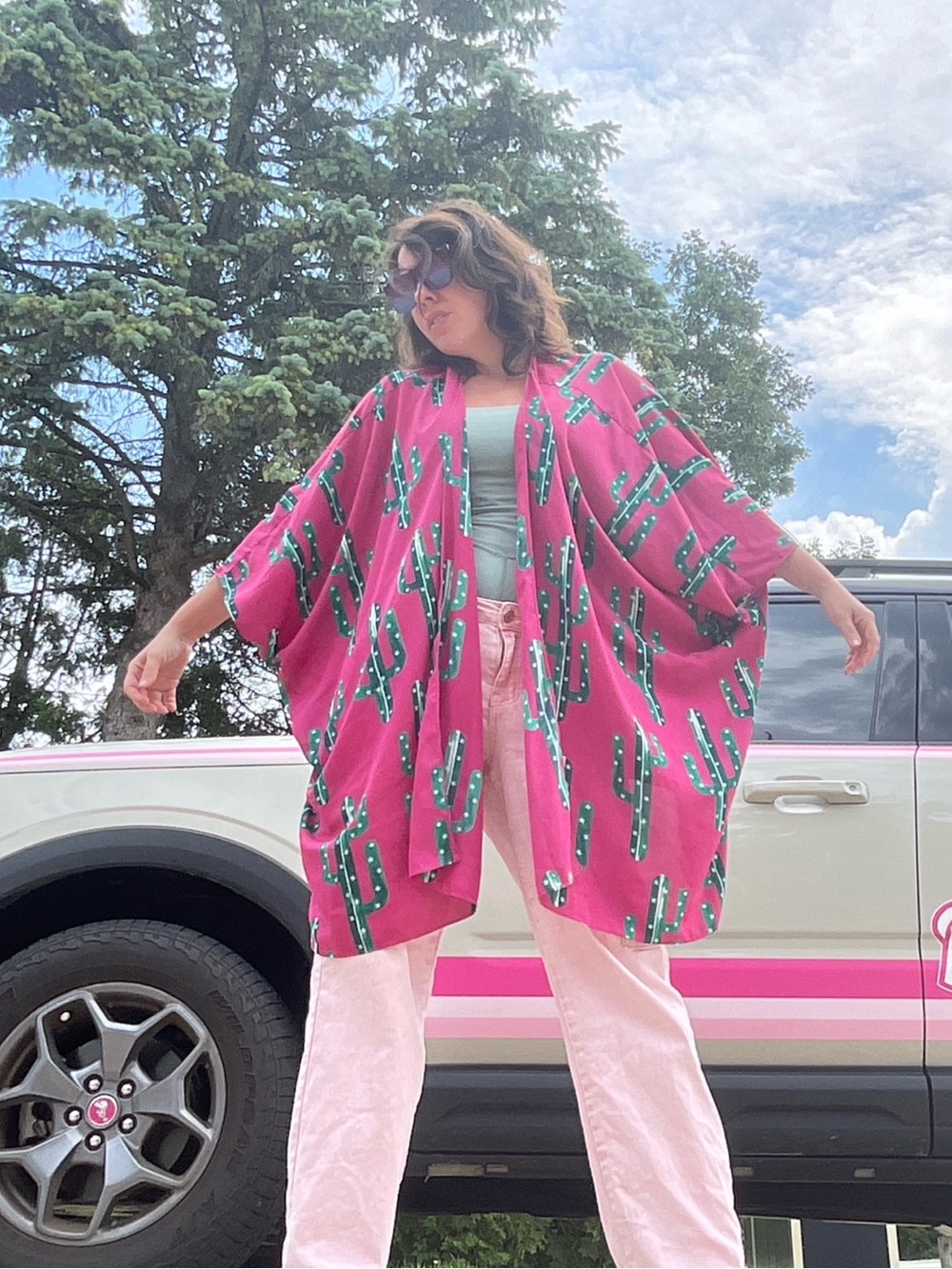 Izzy & Lola Pink Cactus Kimono M/L Oversized Dopamine Barbiecore Festival Duster